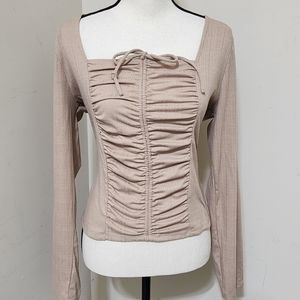 y2k ECLAIR size XL Square Neck‎ Long Sleeve Front Tie Ruching Top Cropped Khaki